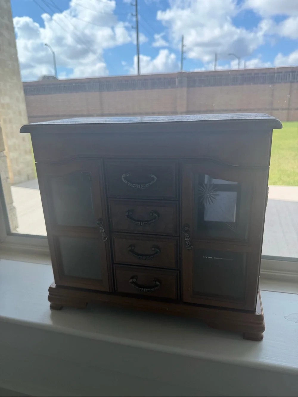 Wooden Jewelry Box with Glass Panels - Brown